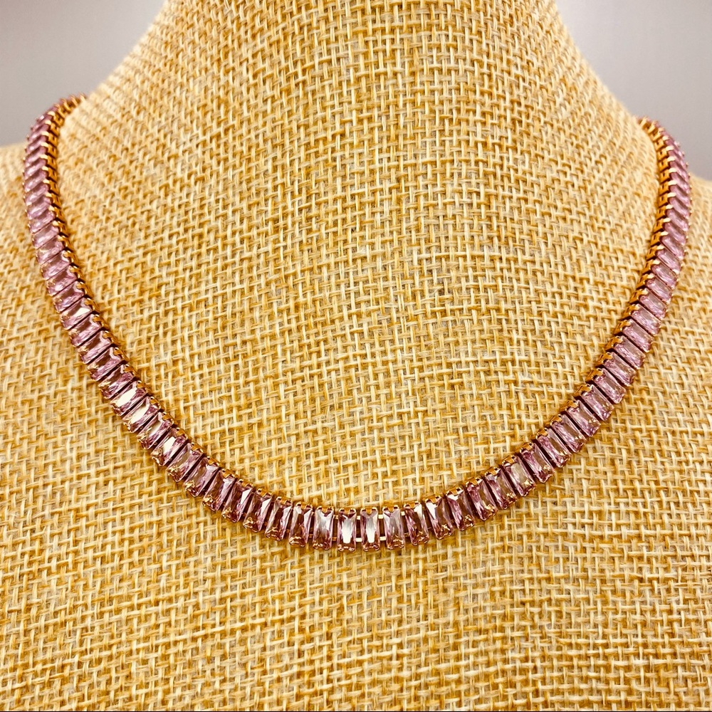 18K Gold Baguette Pastel Pink High Polished Zircon Choker Necklace - Picture 5 of 10